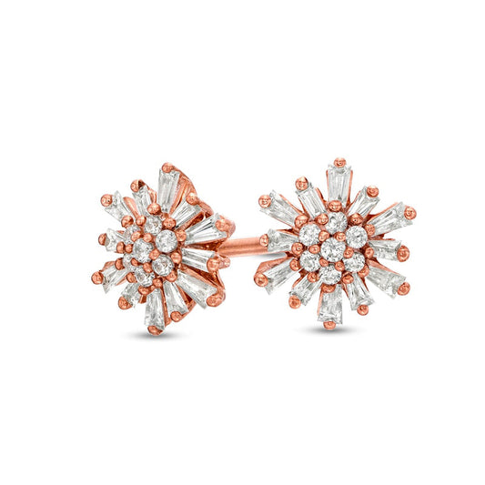 0.25 CT. T.W. Baguette and Round Diamond Sunburst Stud Earrings in 10K Rose Gold