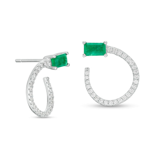Sideways Emerald-Cut Emerald and 0.2 CT. T.W. Diamond Loop Drop Earrings in 14K White Gold