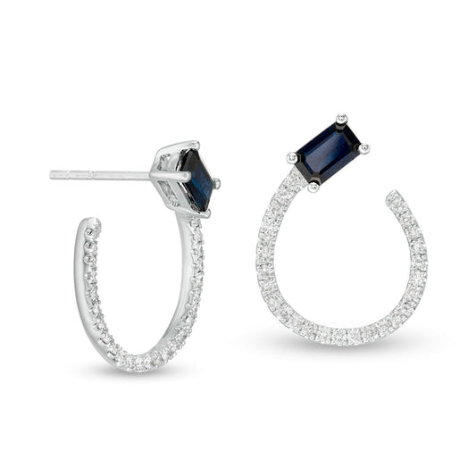 Sideways Emerald-Cut Blue Sapphire and 0.2 CT. T.W. Diamond Loop Drop Earrings in 14K White Gold