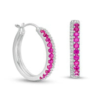 Lab-Created Ruby and White Sapphire Double Row Hoop Earrings in Sterling Silver