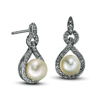 7.0-7.5mm Cultured Freshwater Pearl and Lab-Created White Sapphire Doorknocker Drop Earrings in Sterling Silver