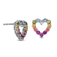 Simulated Light Multi-Color Sapphire Heart Outline Stud Earrings in Sterling Silver
