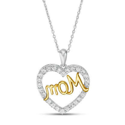 White Lab-Created Sapphire "Mom" Heart Pendant in Sterling Silver and 14K Gold Plate