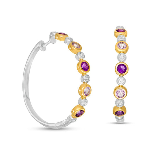 Rose de France and Purple Amethyst with White Topaz Alternating Bubble Hoop Earrings in Sterling Silver and 14K GP