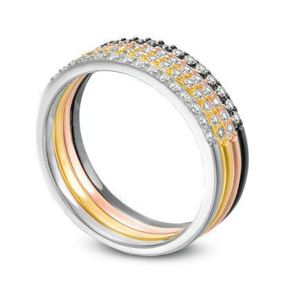 White Lab-Created Sapphire Stackable Band Set in Sterling Silver with Solid 18K Yellow and Rose GP and Black Rhodium - Size 7