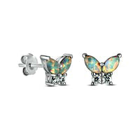 Marquise Lab-Created Opal and White Lab-Created Sapphire Butterfly Stud Earrings in Sterling Silver