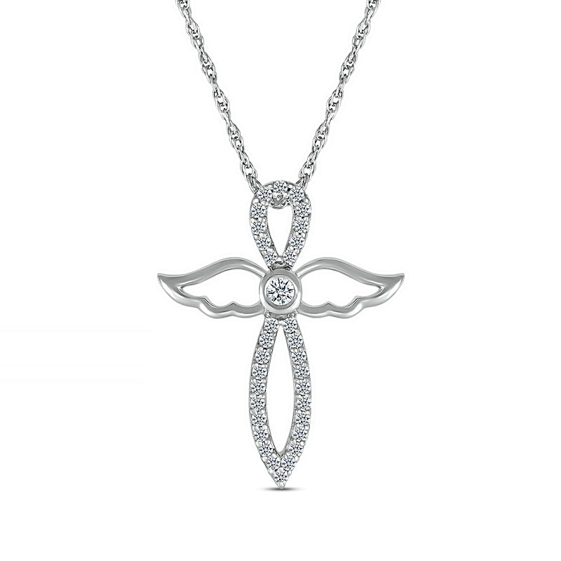 White Lab-Created Sapphire Angel Wing Cross Pendant in Sterling Silver