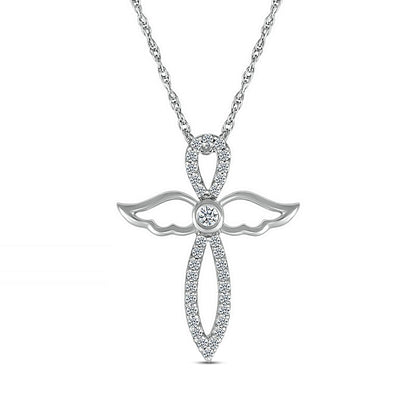 White Lab-Created Sapphire Angel Wing Cross Pendant in Sterling Silver