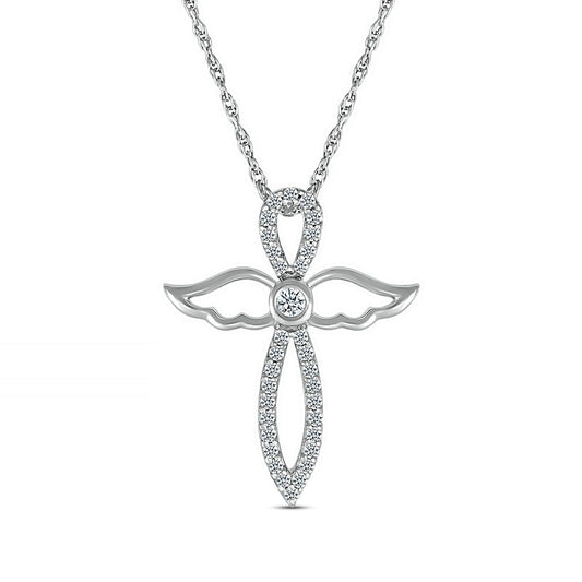 White Lab-Created Sapphire Angel Wing Cross Pendant in Sterling Silver