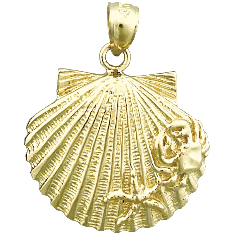 14K Gold Scallop Shell with Crab and Starfish Pendant