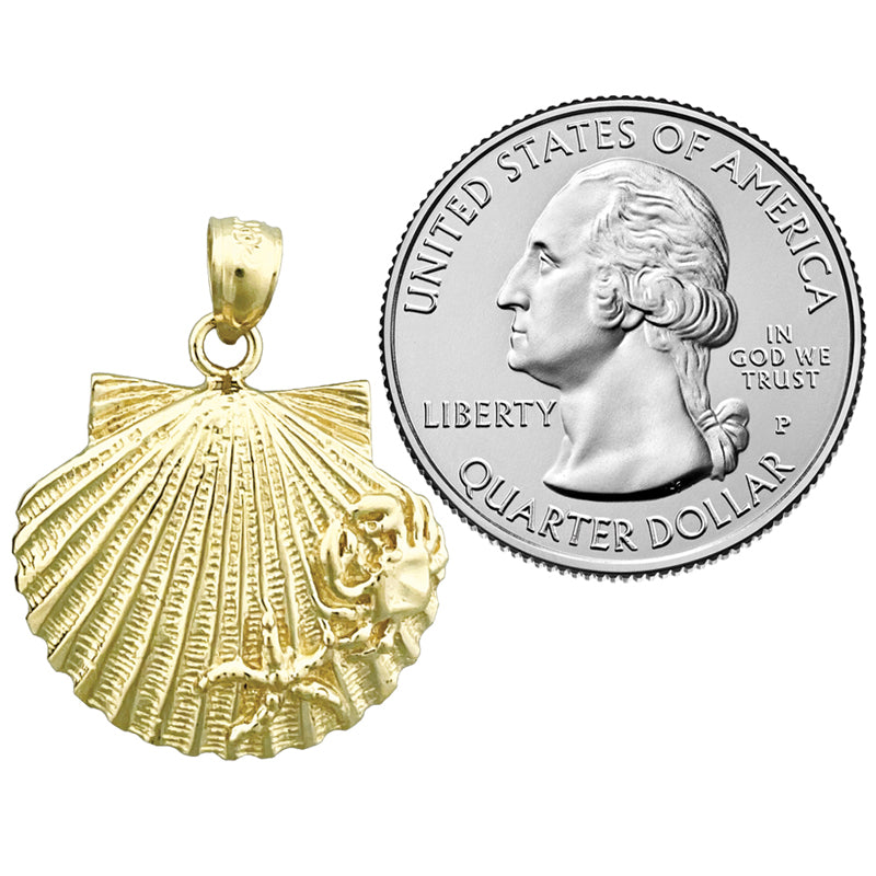 14K Gold Scallop Shell with Crab and Starfish Pendant