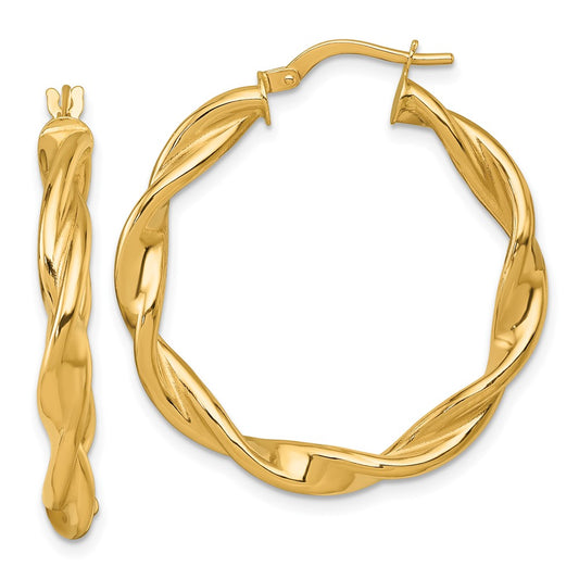 14K Yellow Gold Polished Twisted 4.00 x 33mm Tube Hoop Earrings