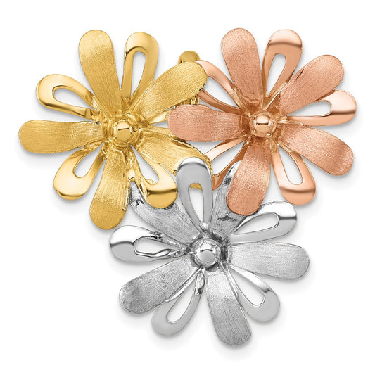 14K Yellow Gold with and -tone Rhodium Brushed and Polished Three Flowers Chain Slide Pendant