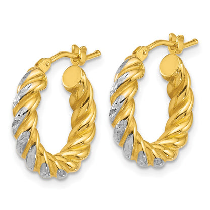 14K Yellow Gold with Rhodium Polished Diamond-cut Twisted 3.75mm Tube Hoop Earrings