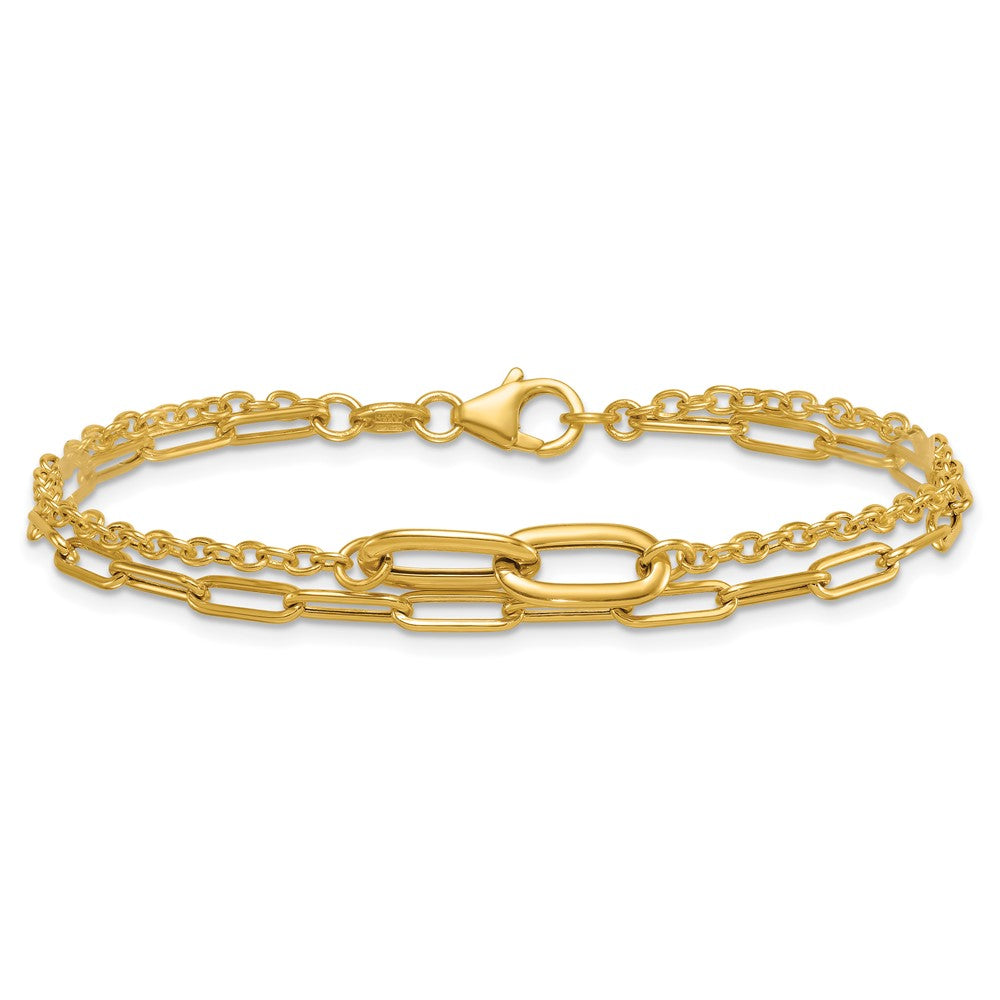 14K Yellow Gold Polished Paperclip and Oval Cable Link Double Strand 7.5 Inch Bracelet