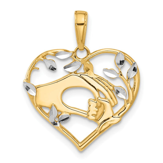 14K Yellow Gold and Rhodium Diamond-cut Mother and Child Hands in Heart Pendant