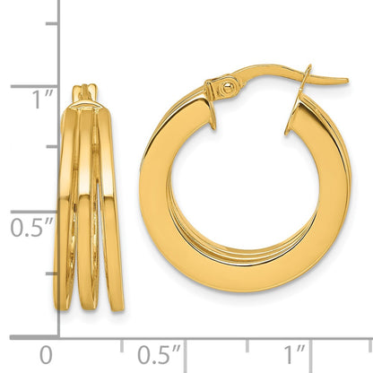 14K Yellow Gold Polished Triple Row 6.6mm x 20mm Square Tube Round Hoop Earrings