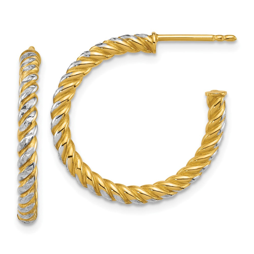 14K Yellow Gold with Rhodium Polished Diamond-cut Twisted 2.75mm Tube C-Hoop Post Earrings