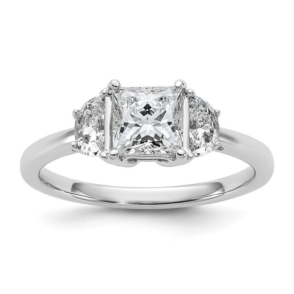 14K White Gold 3/8 carat Lab Grown Diamond VS+ F+ Half Moon 1 carat Princess Center Semi Mount Three Stone Engagement Ring