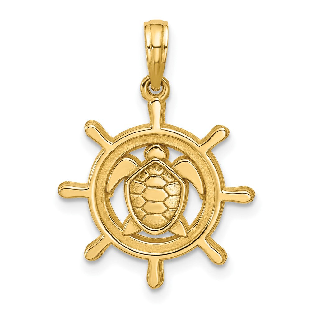 14K Yellow Gold Polished Turtle in Ships Wheel Pendant