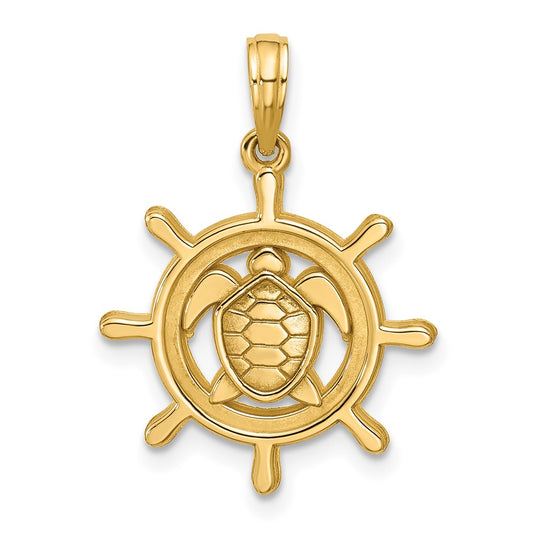 14K Yellow Gold Polished Turtle in Ships Wheel Pendant