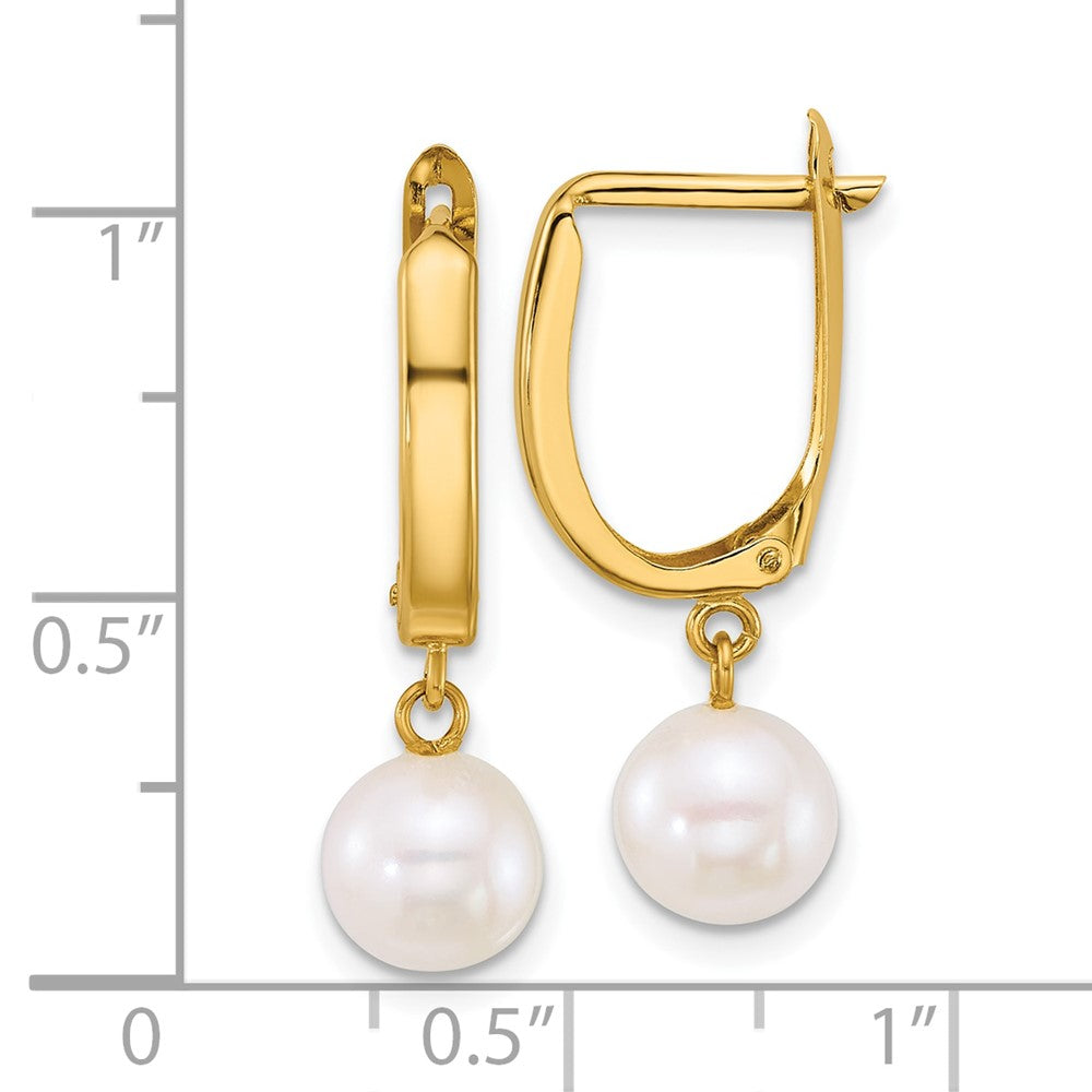 14K Yellow Gold Polished 7-8mm Round Freshwater Cultured Pearl Dangle Hoop Earrings