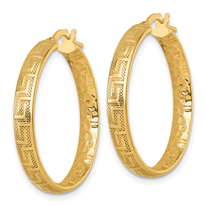 14K Yellow Gold Polished Greek Key Design Textured 4.00 x 28mm Tube Hoop Earrings