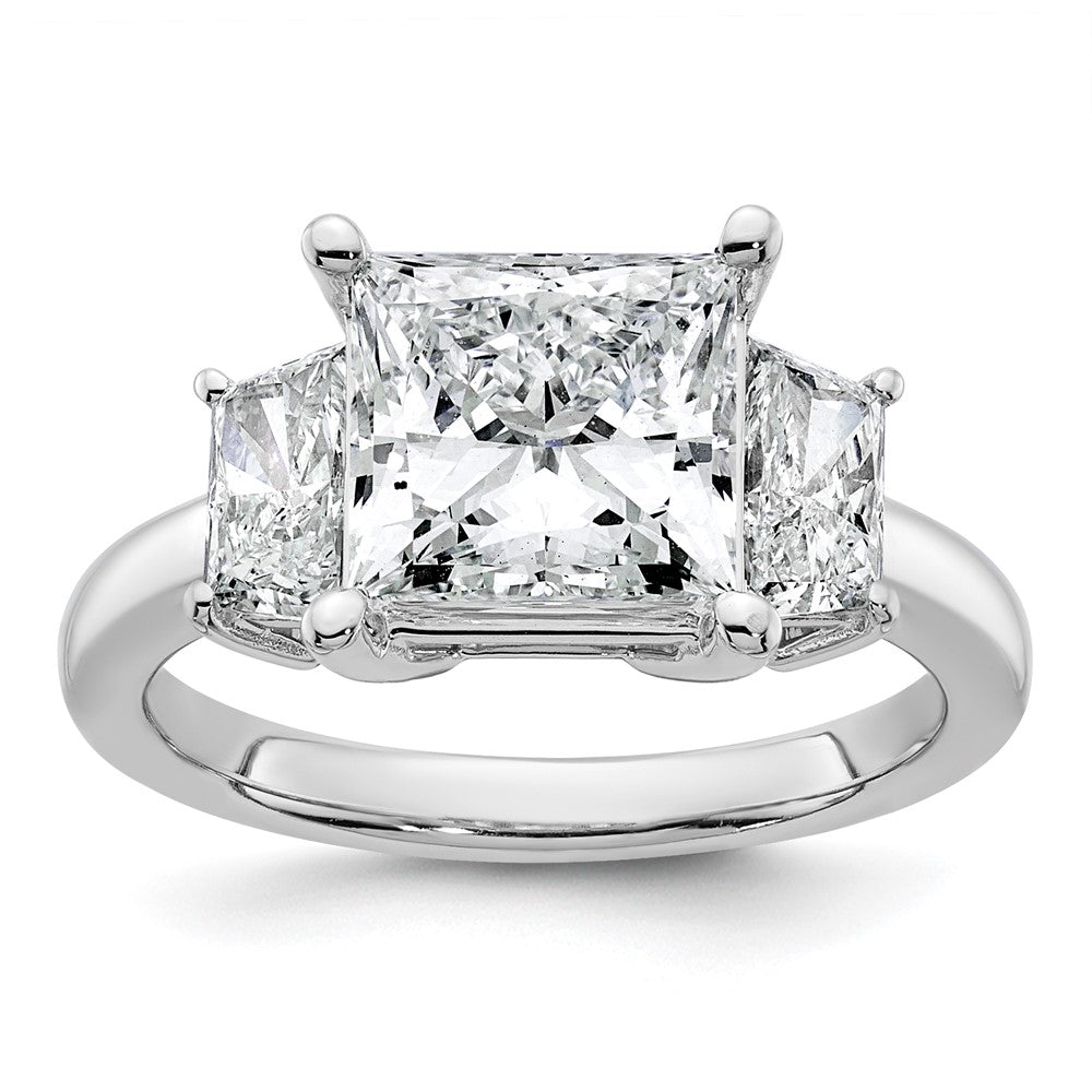 14K White Gold 4 carat Lab Grown Diamond VS+ F+ Princess and Trapezoid Complete Three Stone Engagement Ring