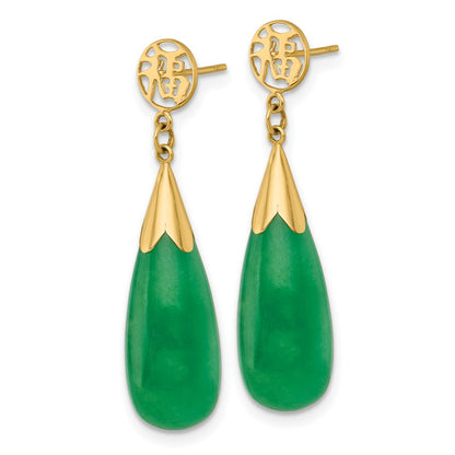 14K Yellow Gold Polished Good Luck Symbol Jade Teardrop Dangle Post Earrings