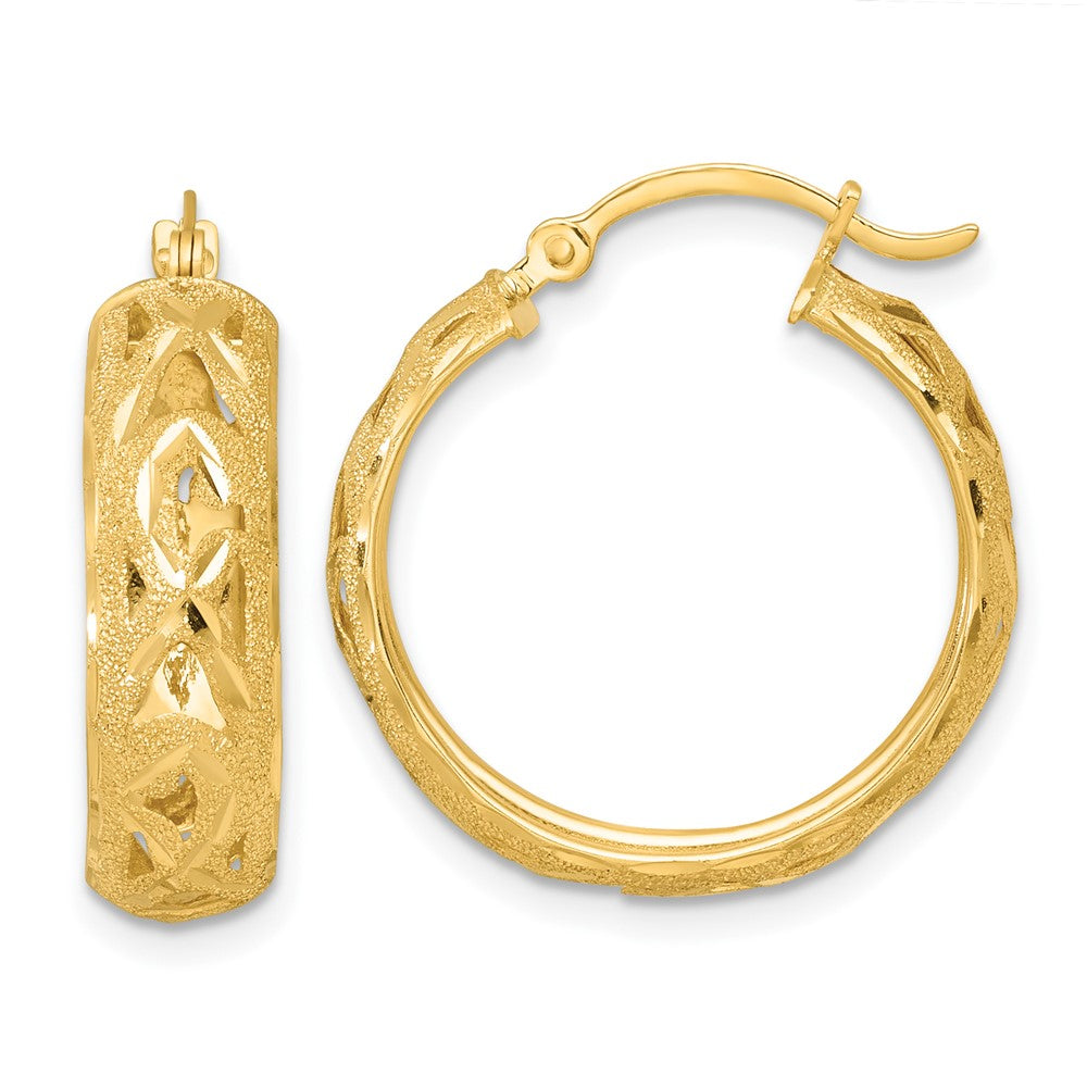 14K Yellow Gold Polished Laser and Diamond-cut 6.15x21mm Fancy Design Round Hoop Earrings
