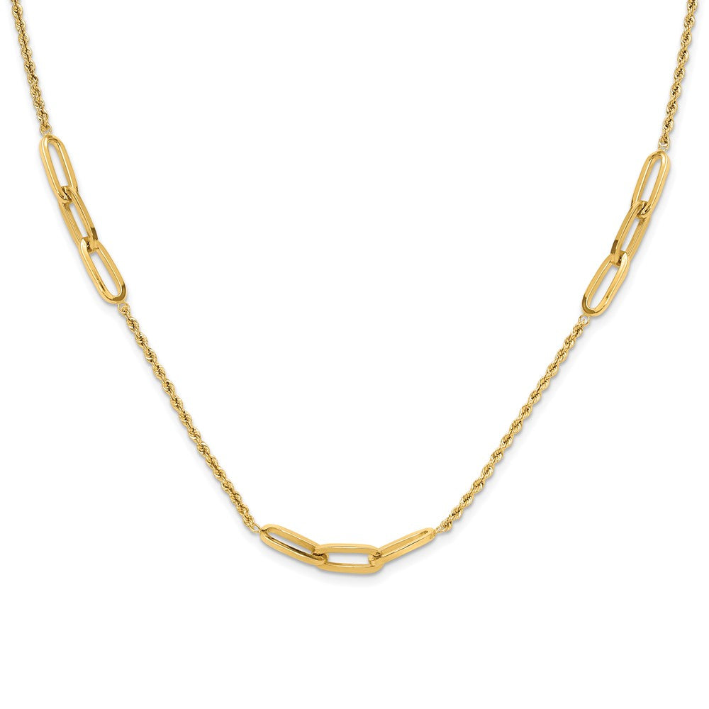 14K Yellow Gold Polished Oval Link and Diamond-cut Rope 3-Station 20.25 Inch Necklace