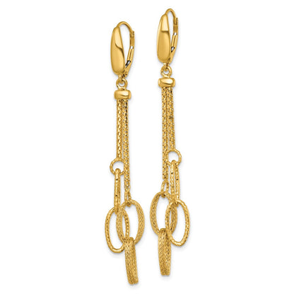14K Yellow Gold Polished and Textured Woven Chain and Oval Links Dangle Leverback Earrings