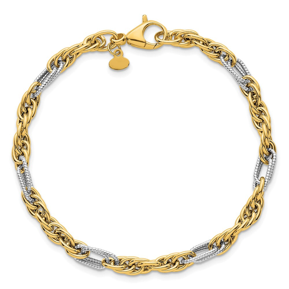 14K Yellow Gold with Rhodium Polished 4.2mm Fancy Rope Chain 7.5 Inch Bracelet