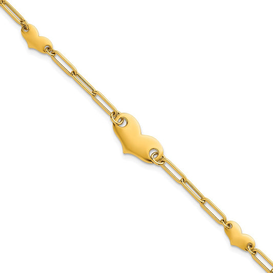 14K Yellow Gold Polished Paperclip Link With Three Hearts 7.5 Inch Bracelet