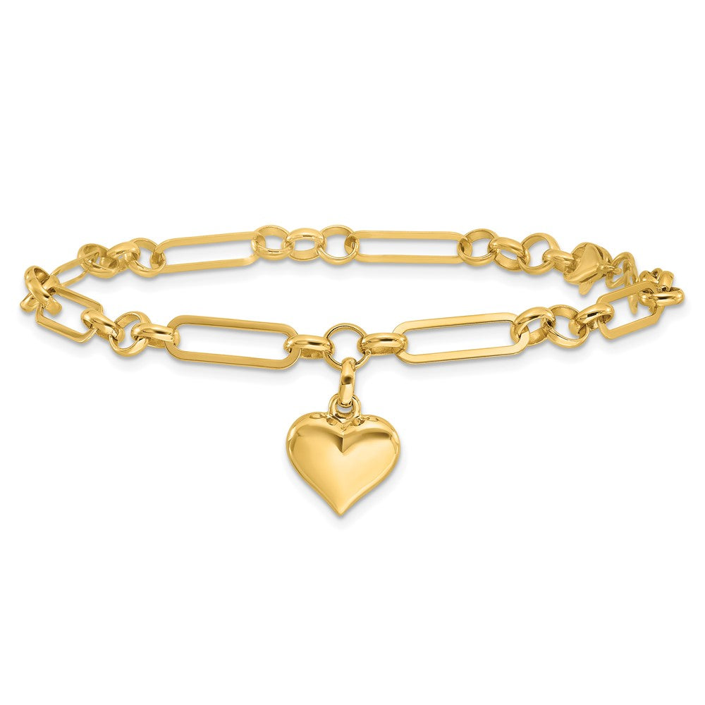 14K Yellow Gold Polished Puffed Heart Charm Dangle Figaro Link 7.5 Inch Bracelet