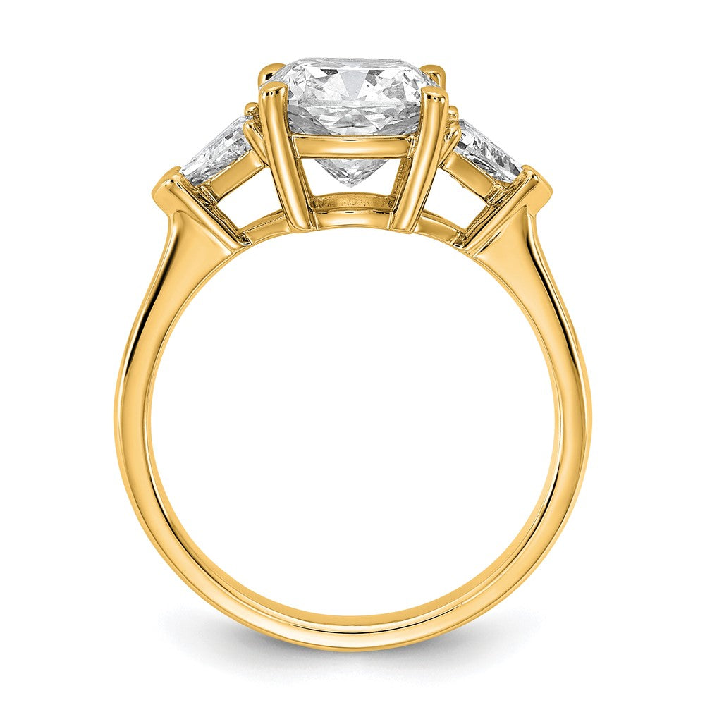 14K Yellow Gold 5/8 carat Lab Grown Diamond VS+ F+ Triangle 2 1/2 carat Cushion Center Semi Mount Three Stone Engagement Ring