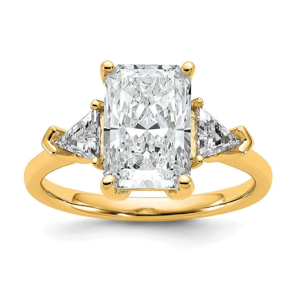 14K Yellow Gold 3 1/8 carat Certified Lab Grown Diamond VS+ F+ Radiant and Triangle Complete Three Stone Engagement Ring