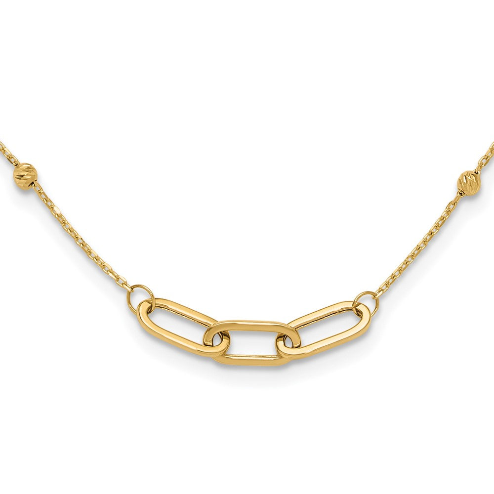 14K Yellow Gold Polished Linked Ovals and Diamond-cut Beads Fancy 3-Station 18 Inch Necklace