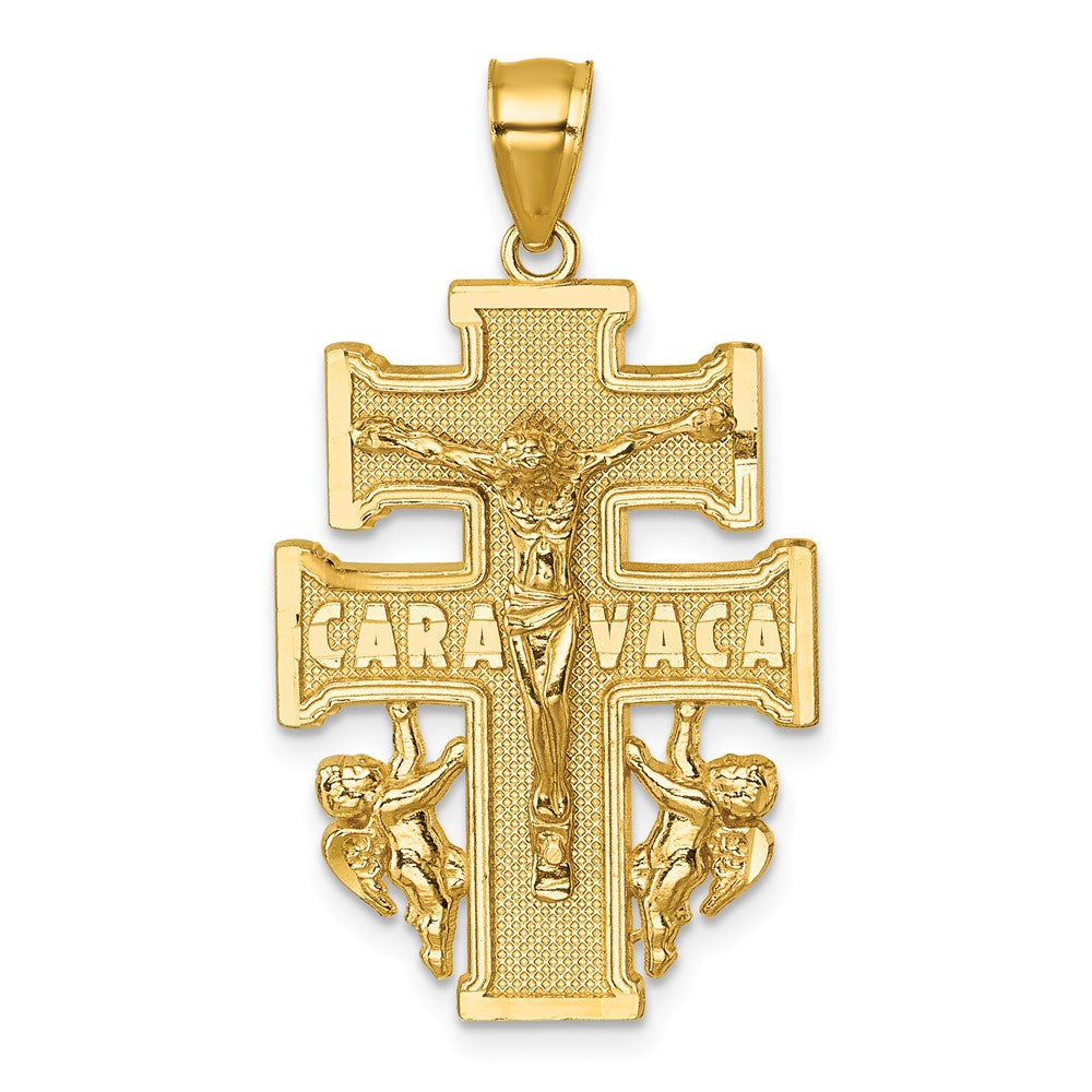 14K Yellow Gold Polished and Textured Cara Vaca Crucifix Pendant