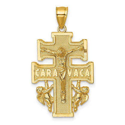 14K Yellow Gold Polished and Textured Cara Vaca Crucifix Pendant