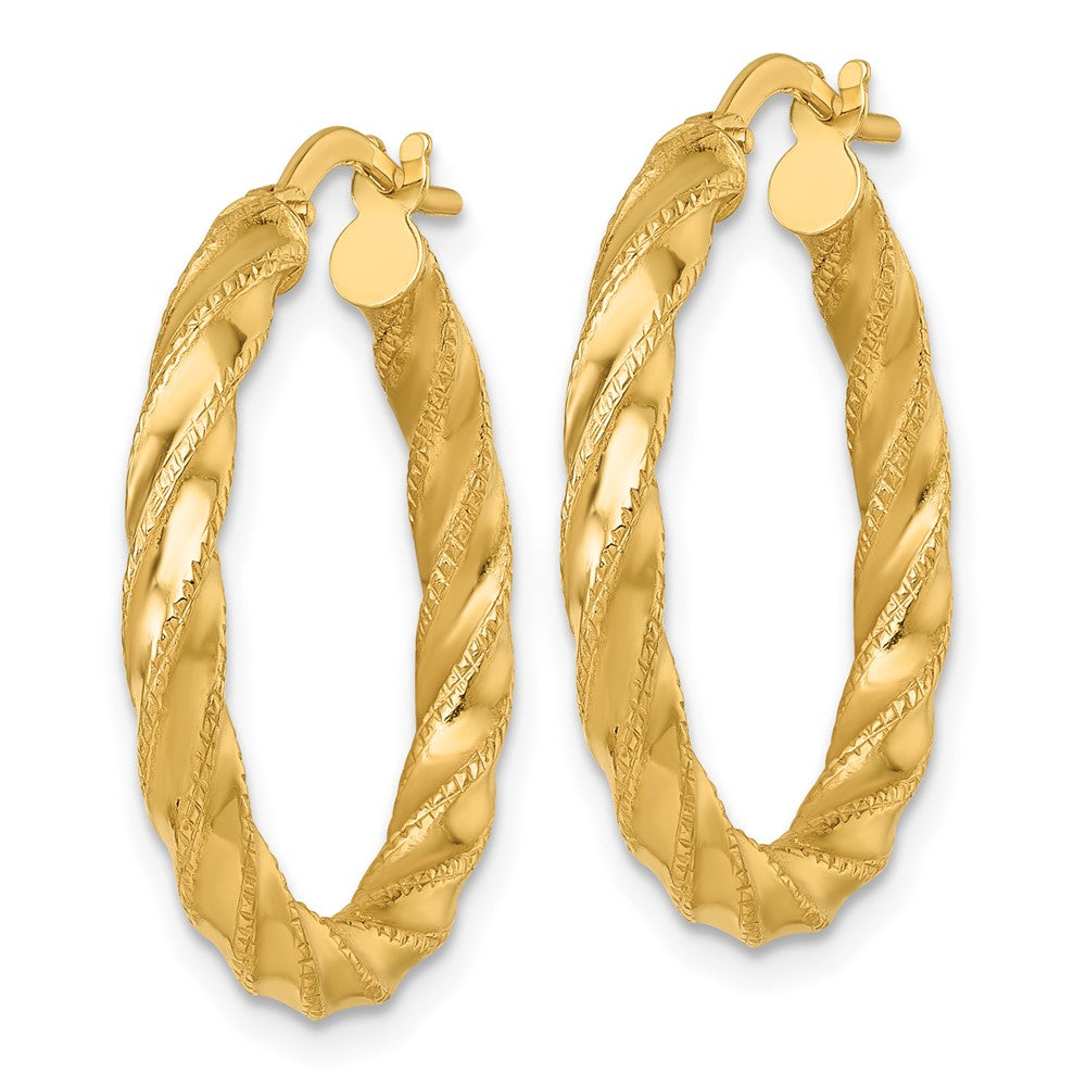 14K Yellow Gold Polished Diamond-cut Twisted 3.00 x 25mm Tube Hoop Earrings