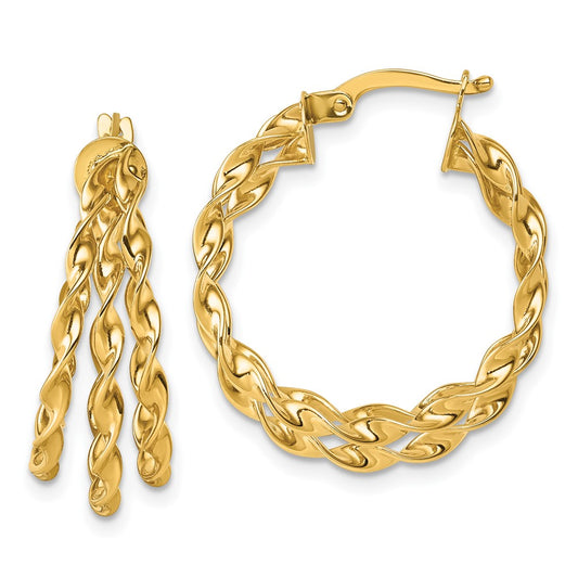 14K Yellow Gold Polished Three Strand Circle Twisted Hoop Earrings