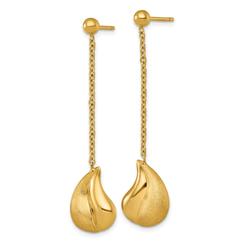 14K Yellow Gold Polished And Brushed Curved Teardrop Dangle Post Earrings