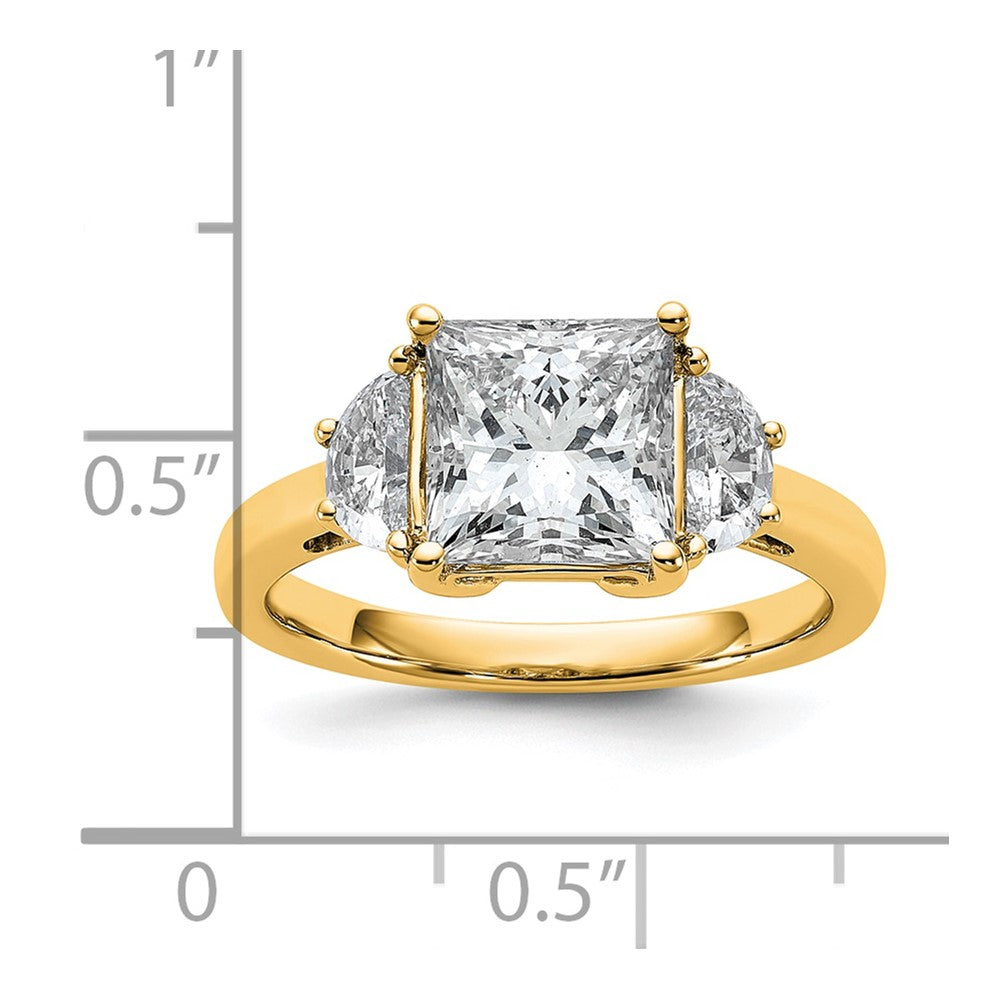 14K Yellow Gold 5/8 carat Lab Grown Diamond VS/SI+ G+ Half Moon 2 1/2 carat Princess Center Semi Mount Three Stone Engagement Ring
