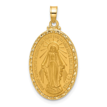 14K Yellow Gold Polished and Satin Solid Miraculous Medal Oval Pendant