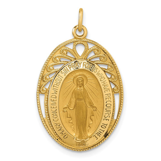 14K Yellow Gold Polished and Satin Semi-solid Miraculous Medal in Frame Oval Pendant