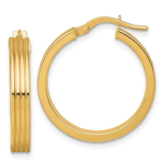 14K Yellow Gold Polished and Grooved 4.00 x 24mm Tube Hoop Earrings