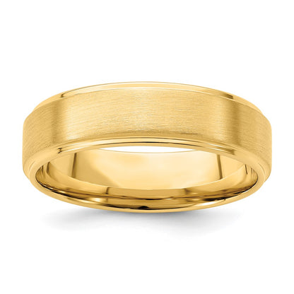 14K Yellow Gold 6mm Standard Weight Comfort Fit Brushed Satin/Polished Stepped Edge Wedding Band Ring