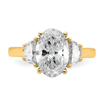 14K Yellow Gold 5/8 carat Lab Grown Diamond VS/SI+ G+ Half Moon and 2 1/2 carat Oval Center Semi Mount Three Stone Engagement Ring