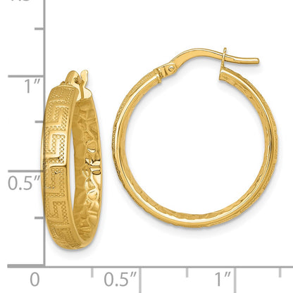 14K Yellow Gold Polished Greek Key Design Textured 4.00 x 24mm Tube Hoop Earrings